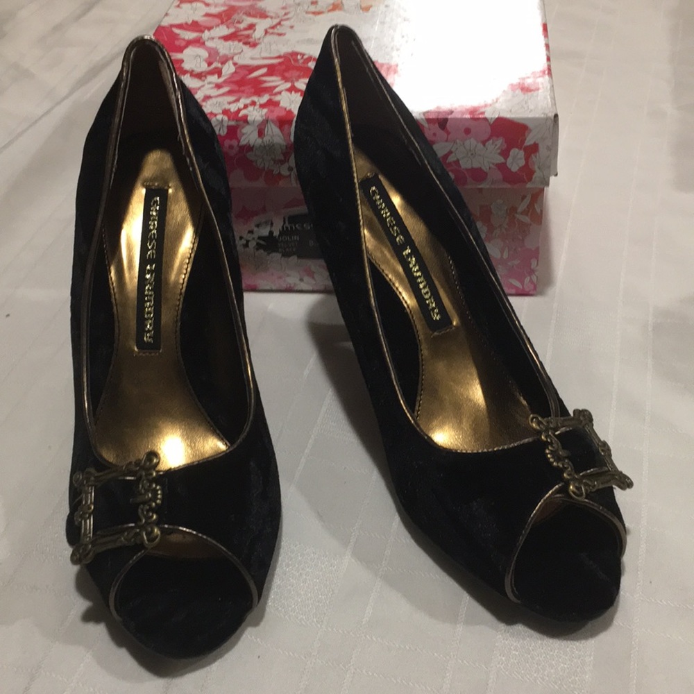 Chinese Laundry Jolin Black Velvet Ladies open Toed High heel Shoe Sz 8 1/2 NEW